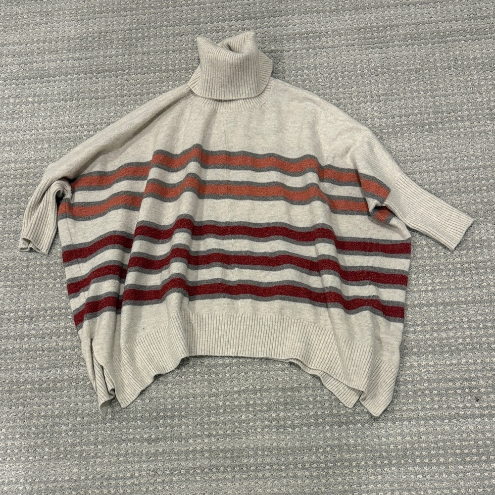 LOFT Light Gray Turtleneck Sweater with Rust & Burgundy Stripes